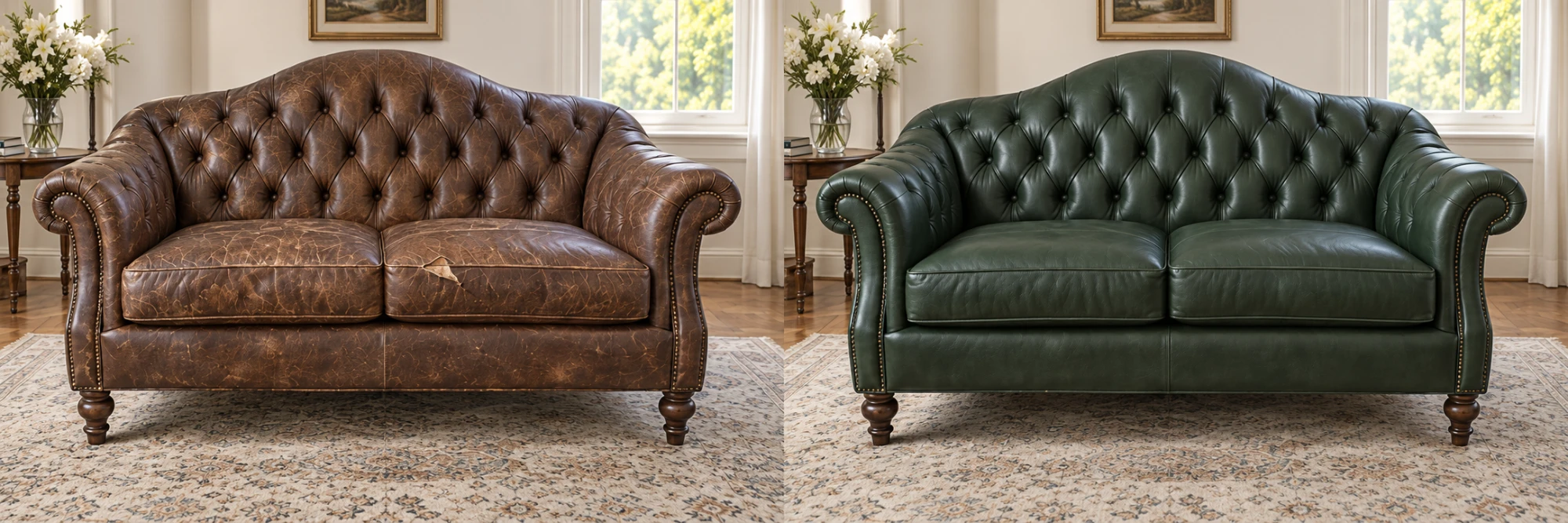 Before and after: a brown buttoned Chesterfield with crazed, cracked leather, then the same sofa recovered in forest green
