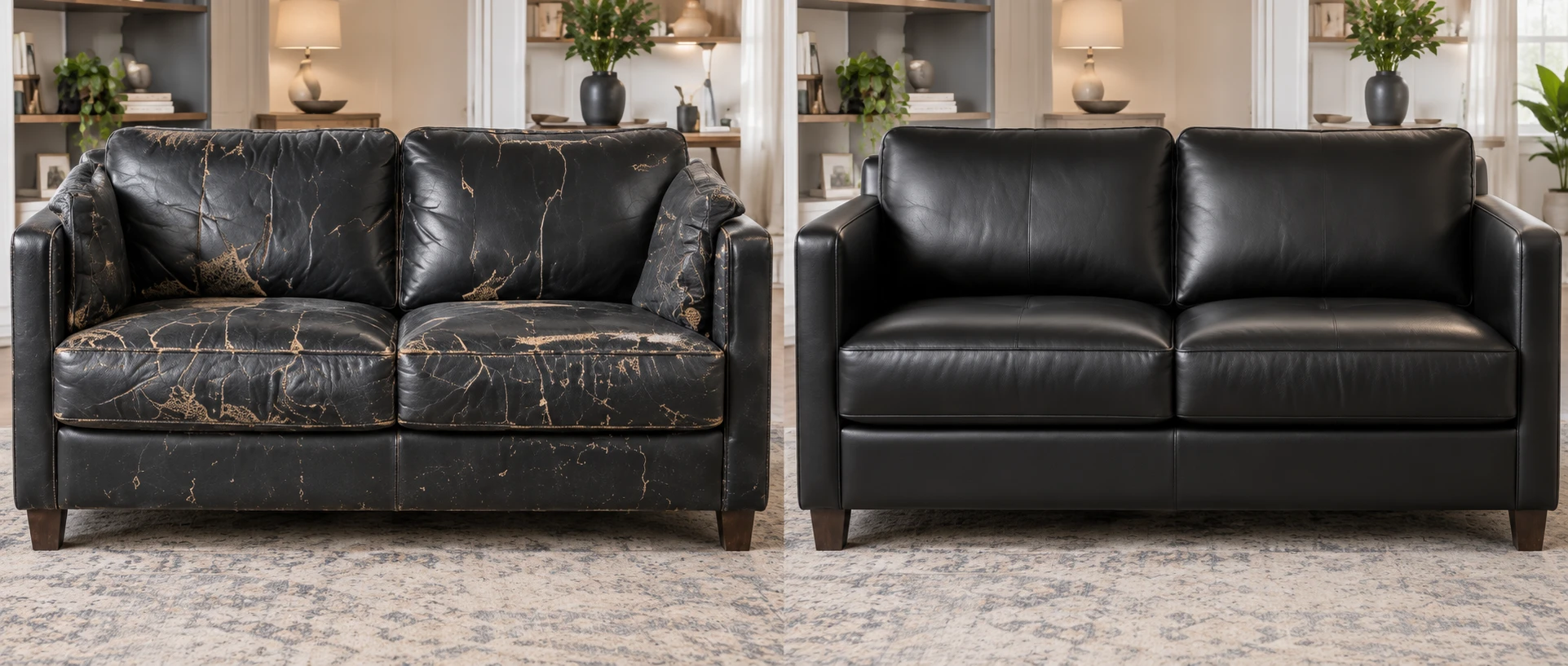 Before and after: a black leather sofa shedding its finish in sheets, then the same sofa recovered in black leather