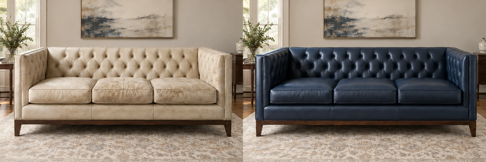 Before and after: a marked cream tufted tuxedo sofa, then the same sofa recovered in navy leather