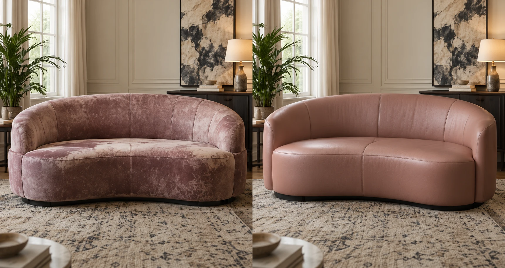 Before and after: a faded and blotched curved sofa, then the same curved frame recovered in dusty rose leather