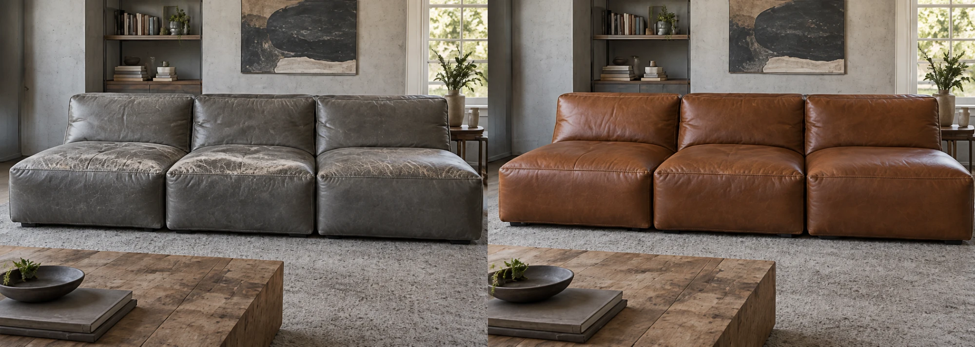Before and after: a grey three-piece modular sofa with cracked seats, then the same modules recovered in cognac leather