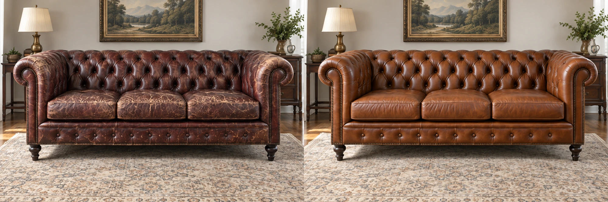 Before and after: a dark Chesterfield whose finish has broken up across every panel, then the same sofa recovered in tan leather