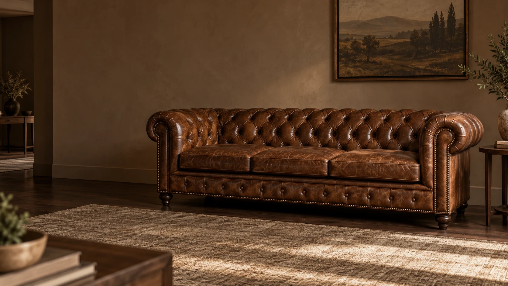 Sofa reupholstery NYC: a brown buttoned Chesterfield sofa recovered in tan leather, standing in a warm living room