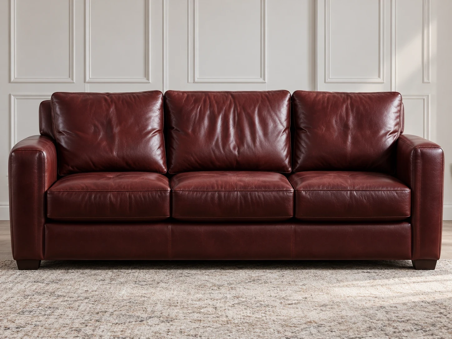 A three-seat sofa recovered in oxblood leather