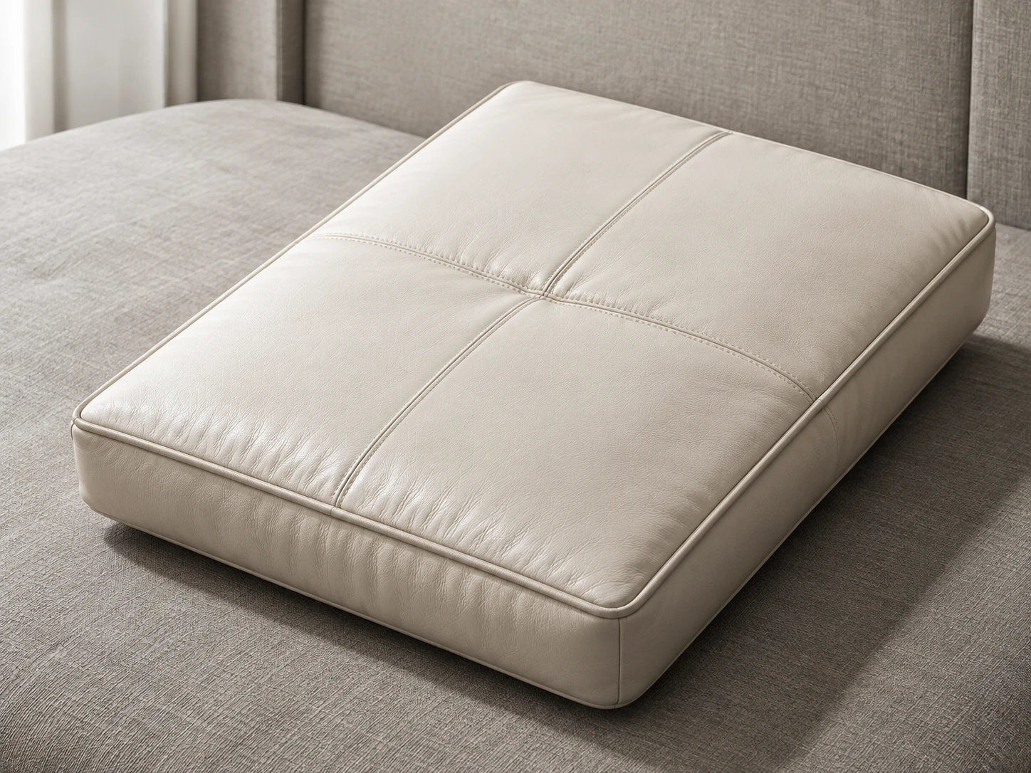 Cream leather seat cushion on a fabric sofa