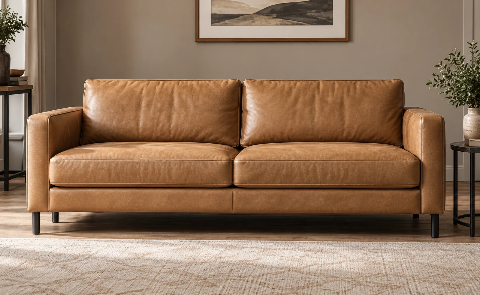 Tan leather sofa photographed square on, the whole-piece shot to send with a warranty claim