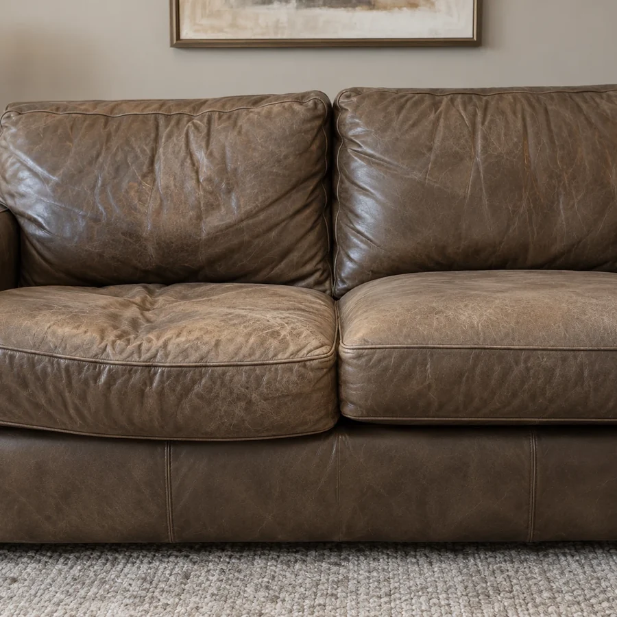 Taupe leather loveseat with its two seat cushions sitting at noticeably different heights