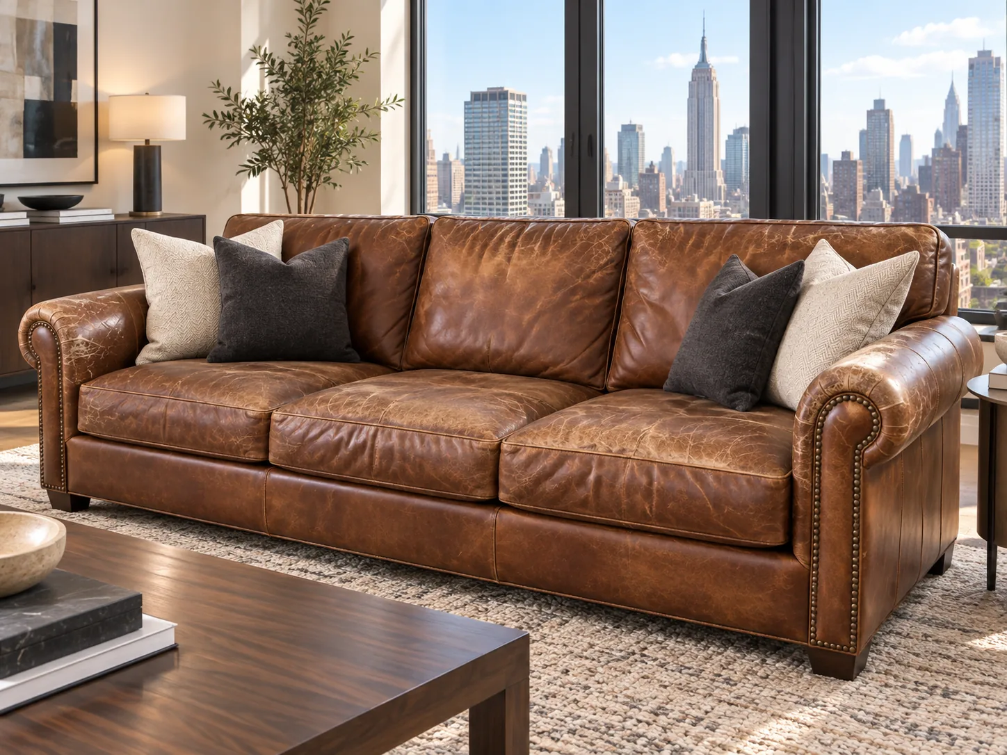 A three-seat leather sofa with worn, cracked seat cushions before repair