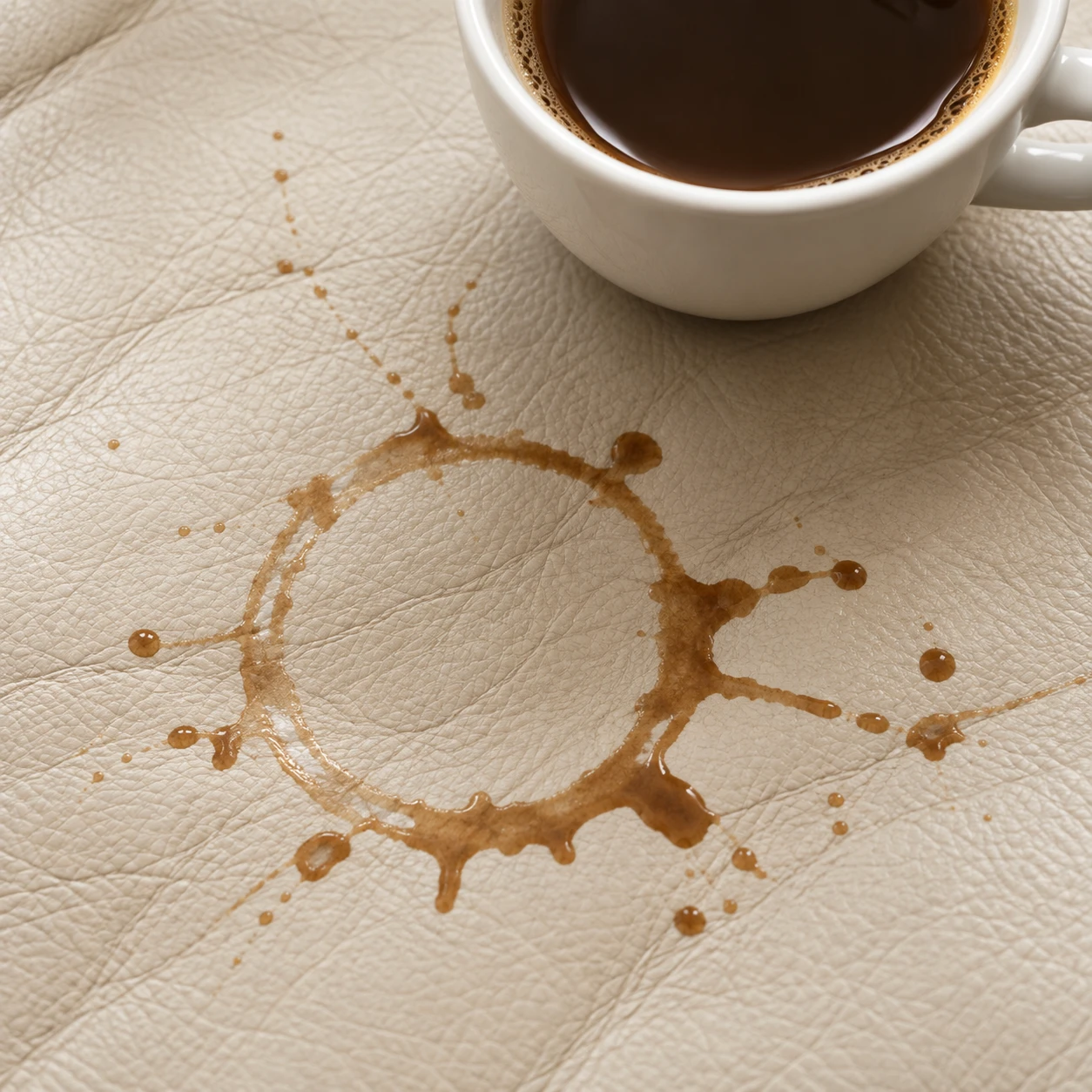 A coffee ring dried onto cream leather beside the cup that made it