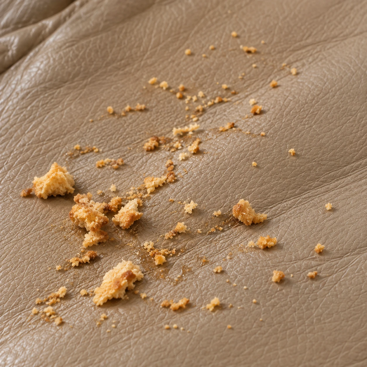 Food crumbs and sugary residue scattered across a taupe leather seat
