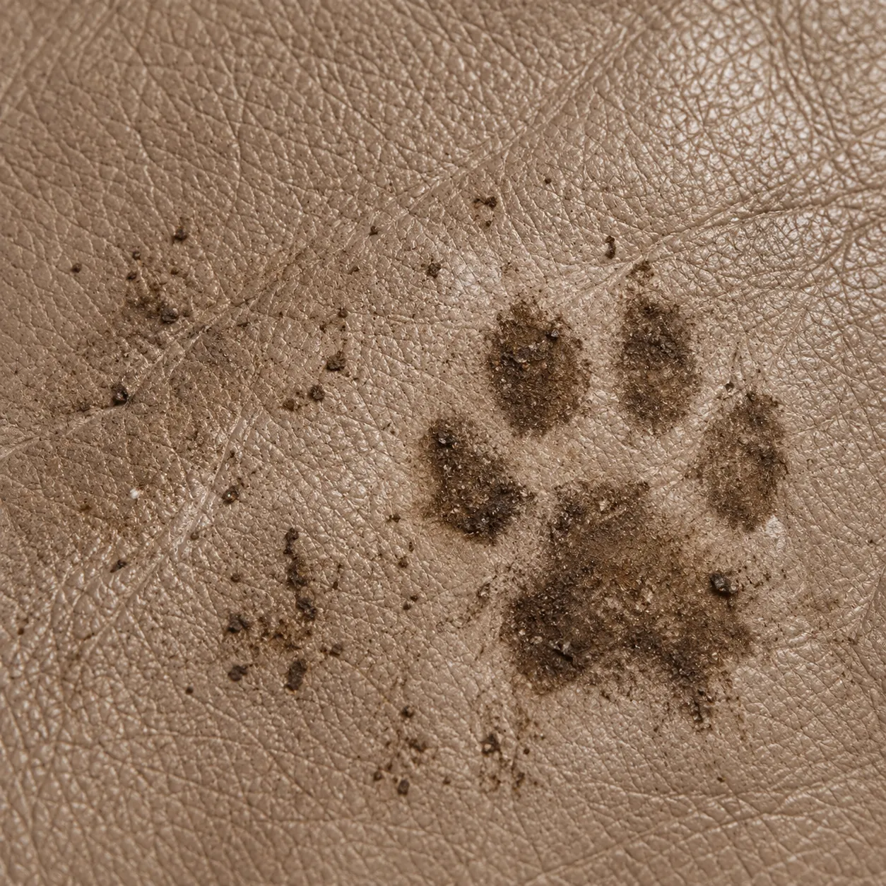 Muddy paw prints pressed into a taupe leather cushion