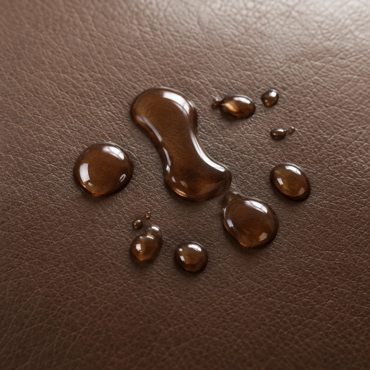 Liquid spill beading on brown leather