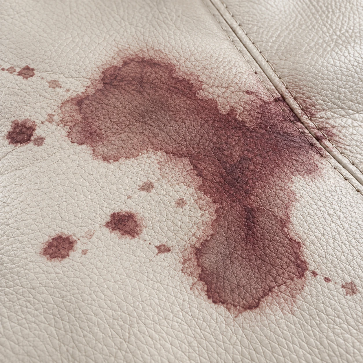 A dark wine stain set into cream leather