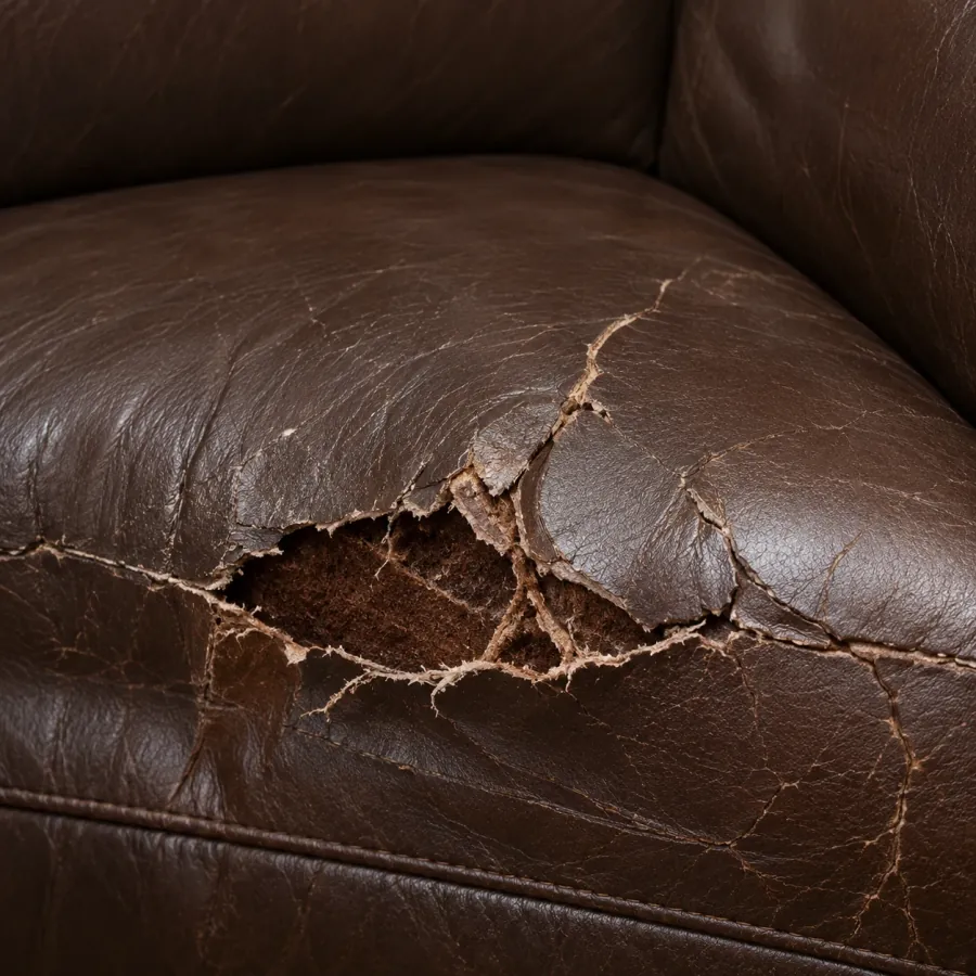 Dark brown leather cushion split open with the fabric backing showing through