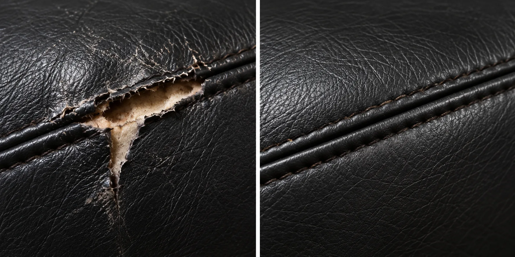 Before and after: a black leather cushion tear with the flap lifted and foam showing, closed and re-coloured