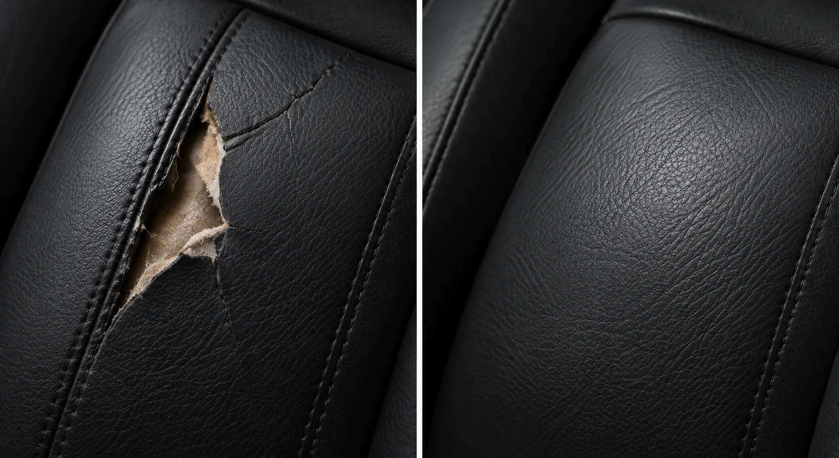 Before and after: a tear in a black leather seat back beside the piping, closed and re-finished
