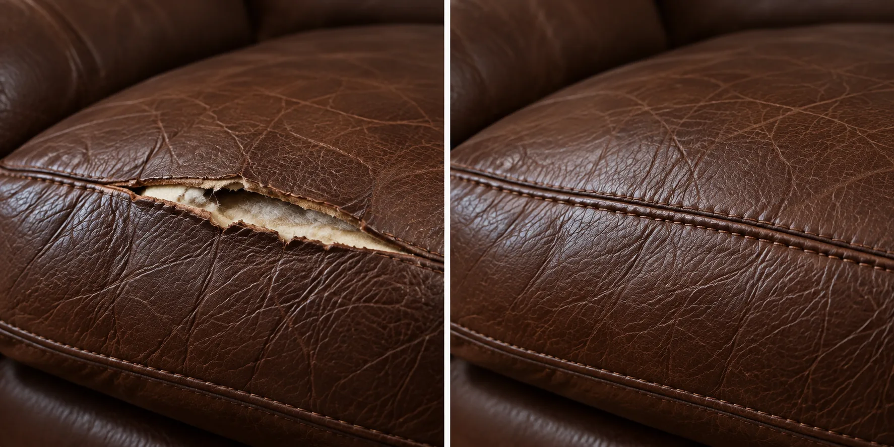 Before and after: a tear along the front edge of a brown leather cushion, closed and grained