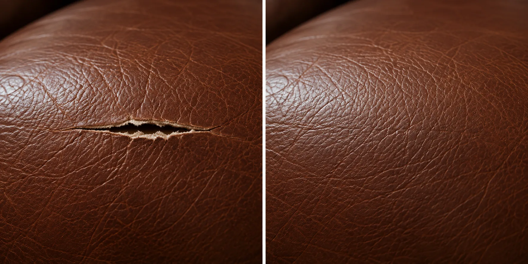 Before and after: a short tear on a brown leather cushion crown, closed and re-finished