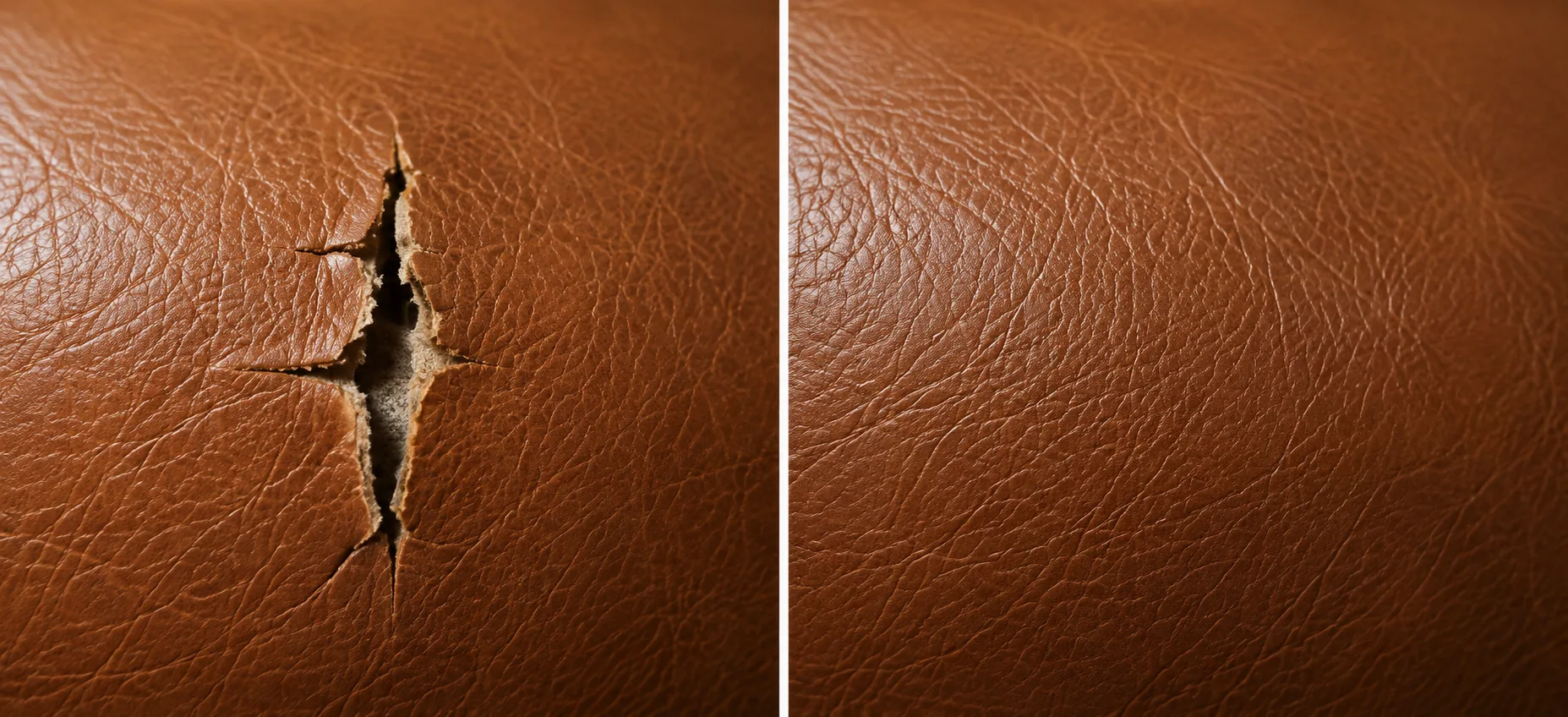 Before and after: a vertical tear in a cognac leather panel, closed and colour-matched