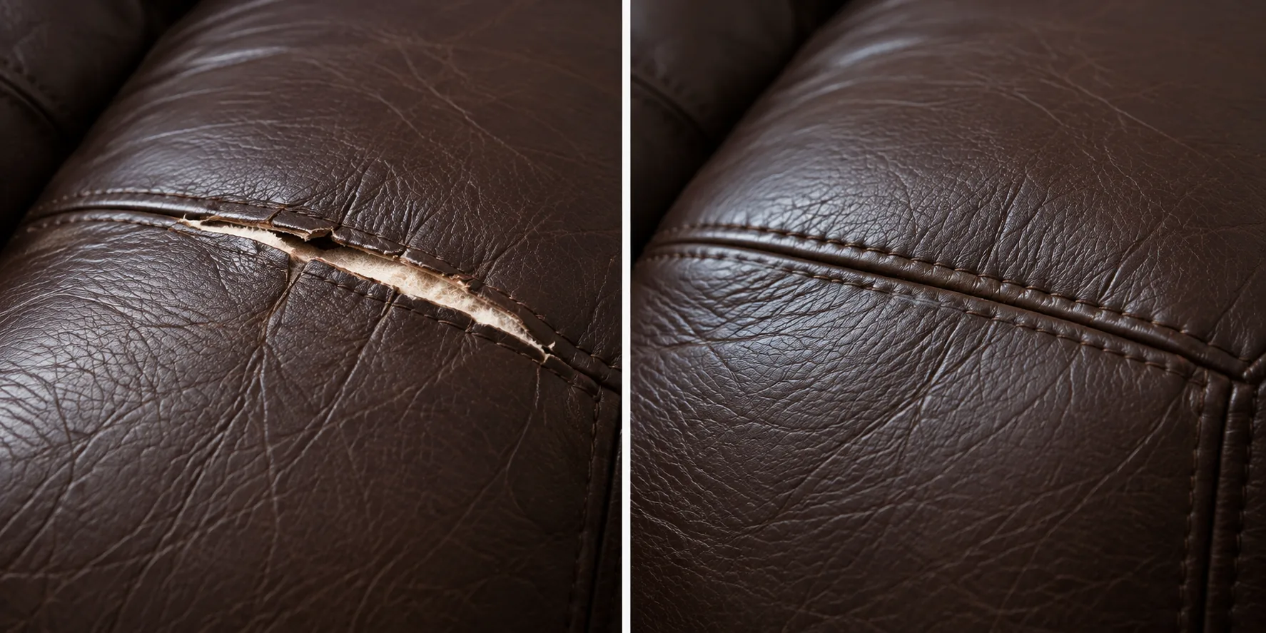 Before and after: a tear beside the seam of a dark brown leather sofa, closed and re-finished