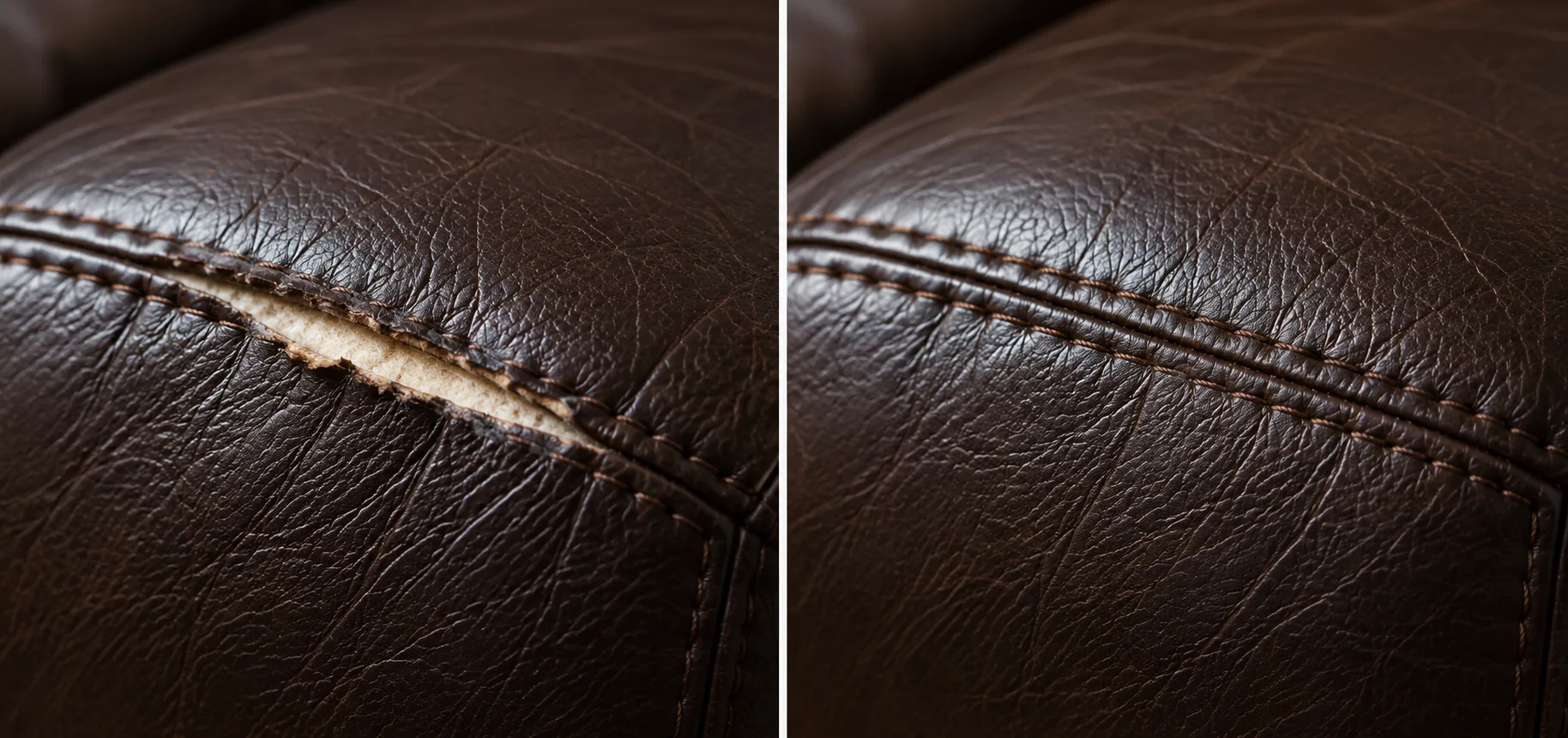 Before and after: an espresso leather panel opened along its welt, rebuilt and sealed