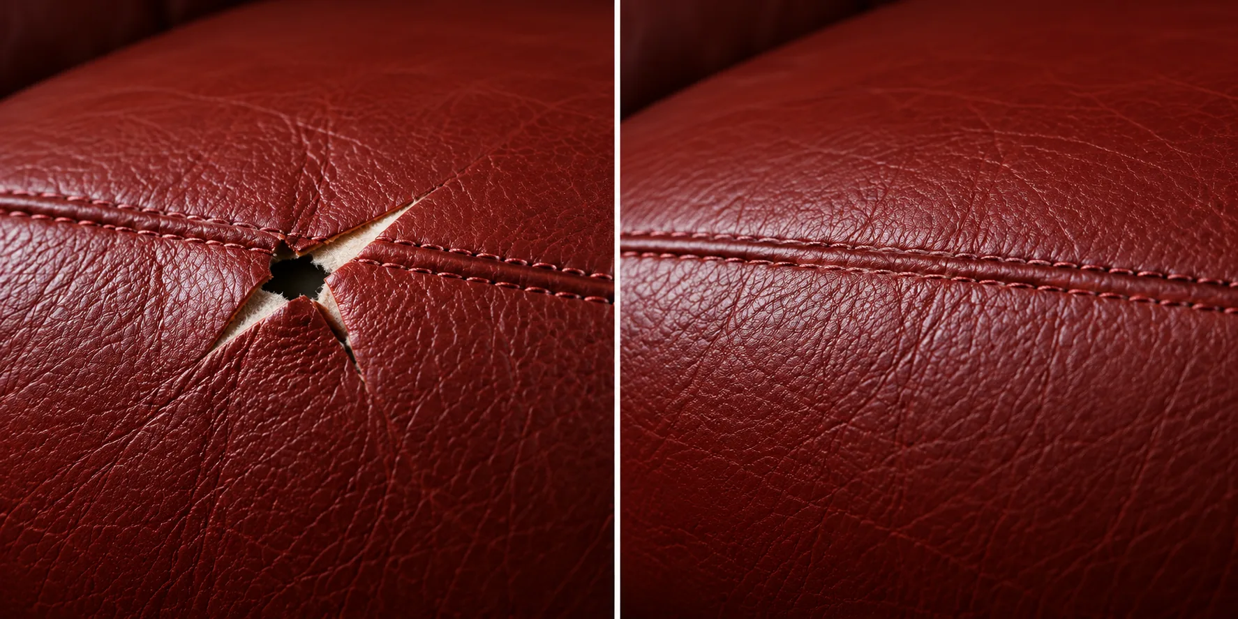 Before and after: a star-shaped tear in an oxblood leather cushion, rebuilt and grained