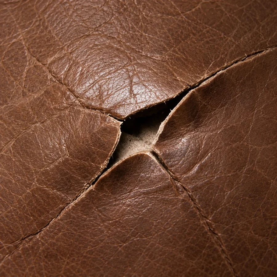 Close-up of a torn opening in a brown leather panel