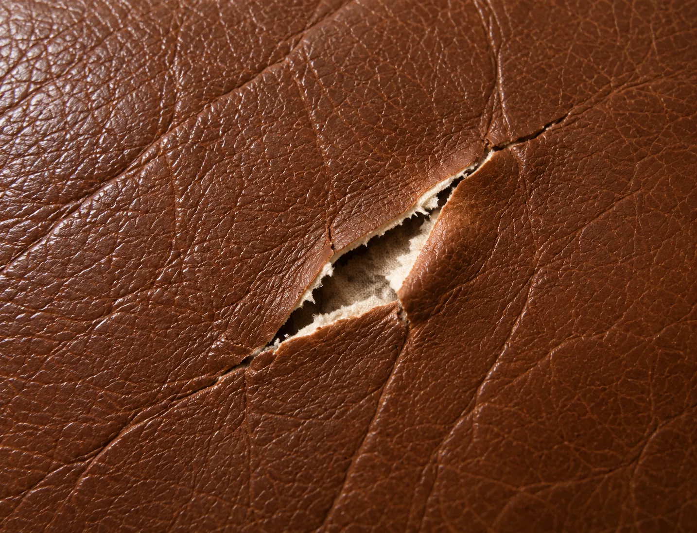 A tear in brown leather: a narrow slit whose two edges still sit against each other