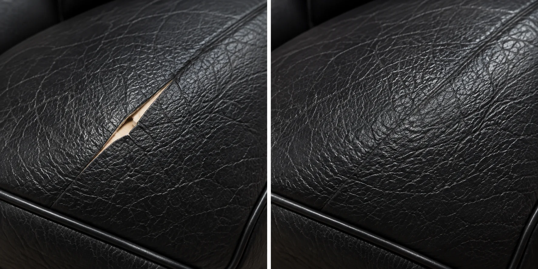 Black leather panel with a diagonal slit on the left and the same panel closed and matched on the right