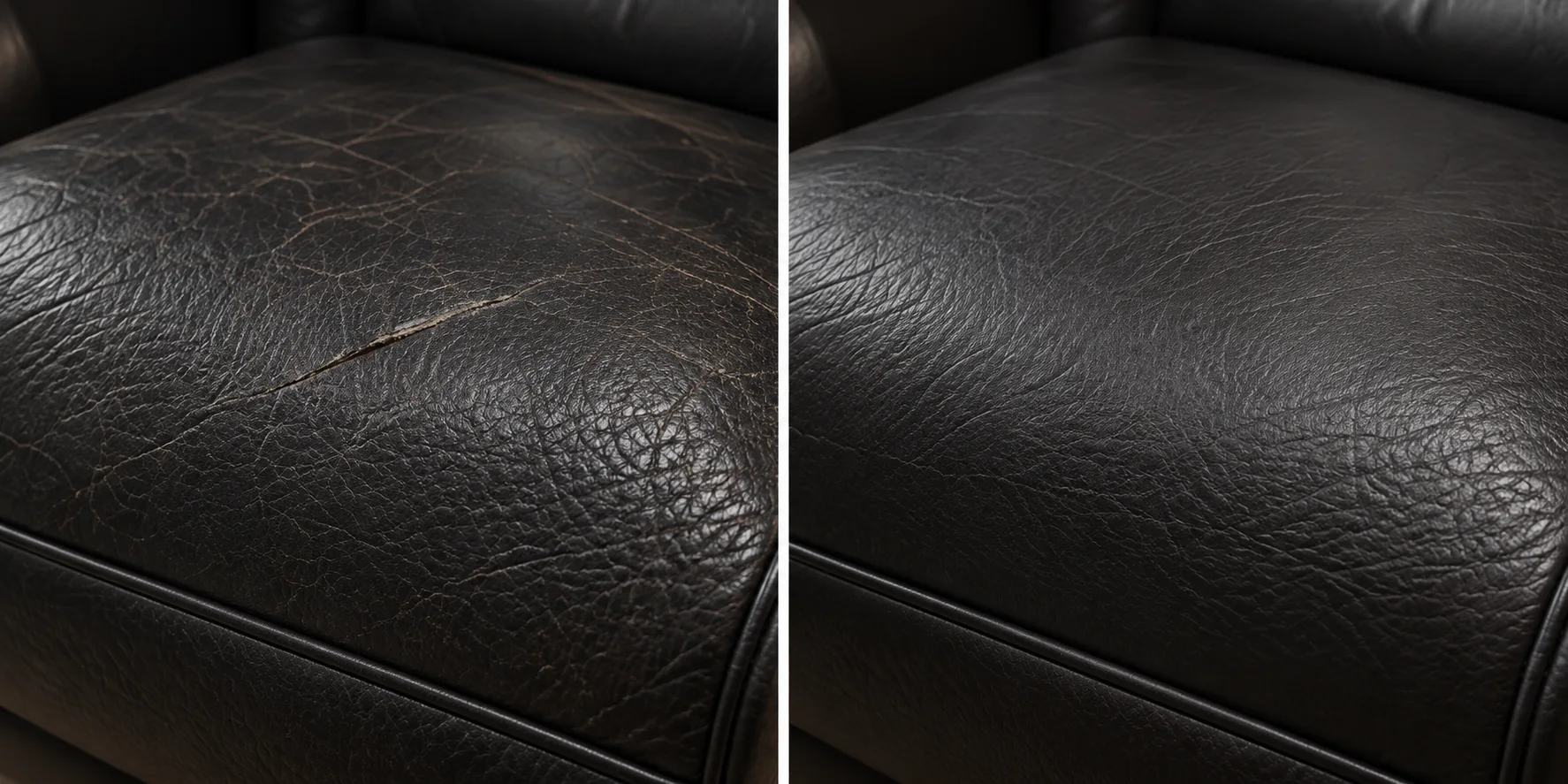 Black leather armchair seat with an opening on the left and the grain rebuilt and matched on the right