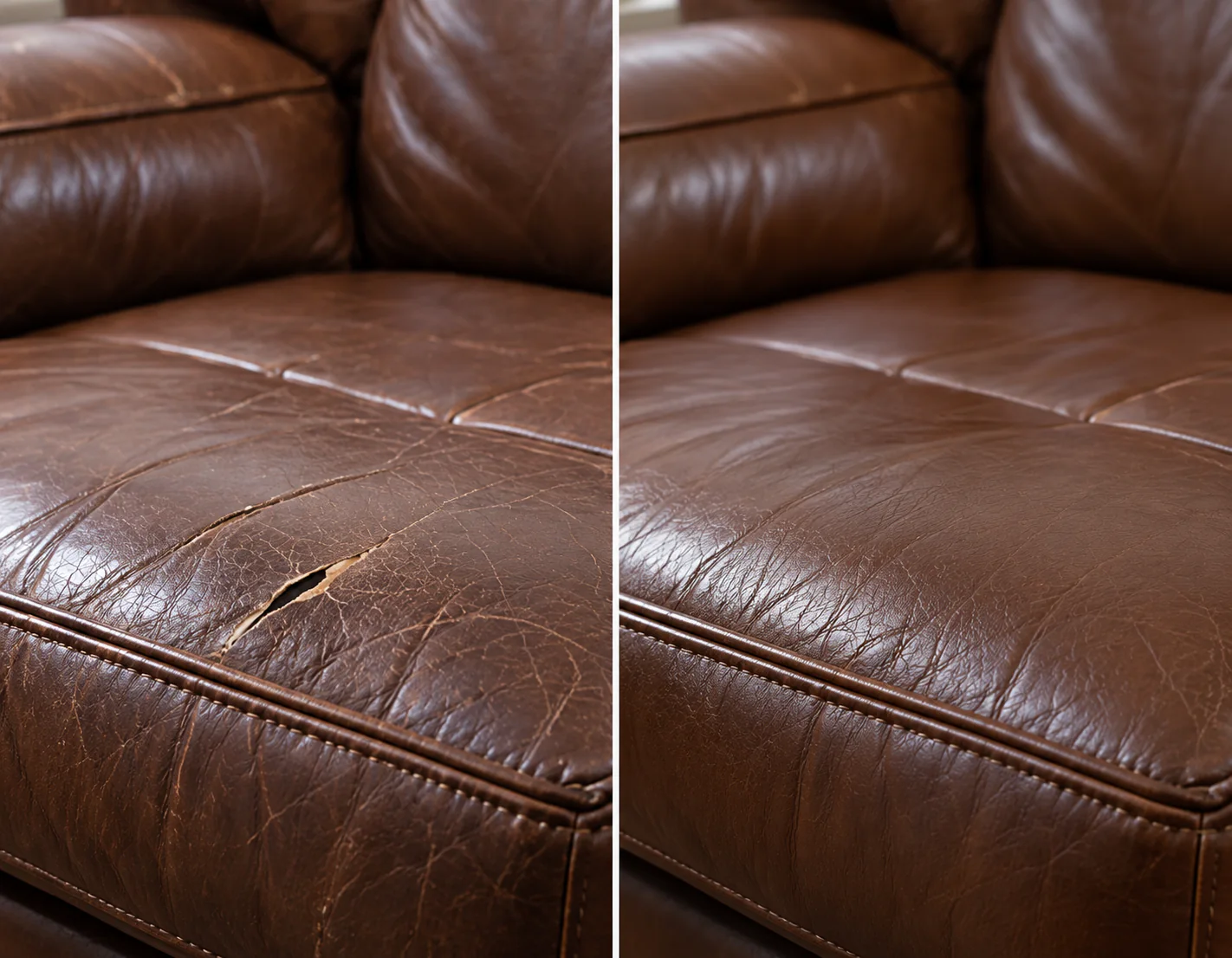 Brown leather sofa seat with a hole beside the welt on the left and the repaired panel on the right