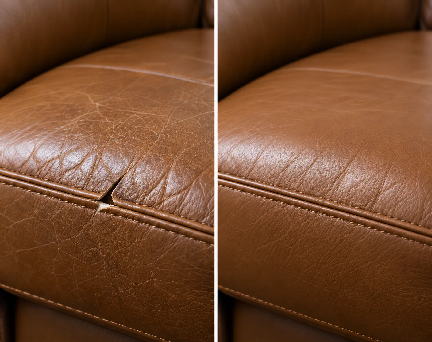 Caramel leather chair seat with a short cut above the welt on the left and the repair on the right