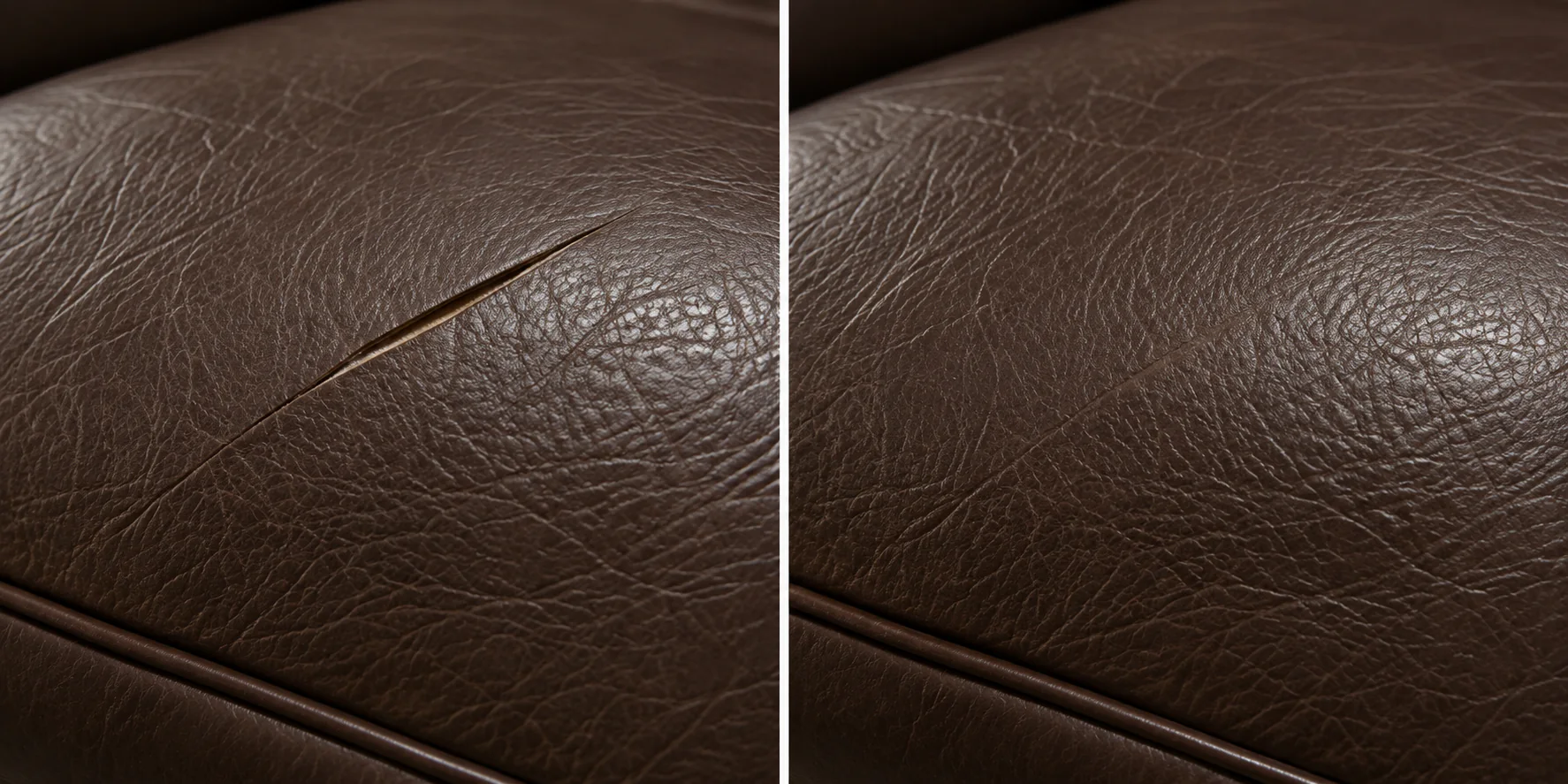 Chocolate brown leather seat with a clean straight cut on the left and the closed repair on the right