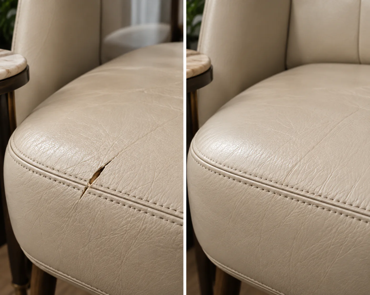 Cream leather chair seat with a small opening above the welt on the left and the matched repair on the right