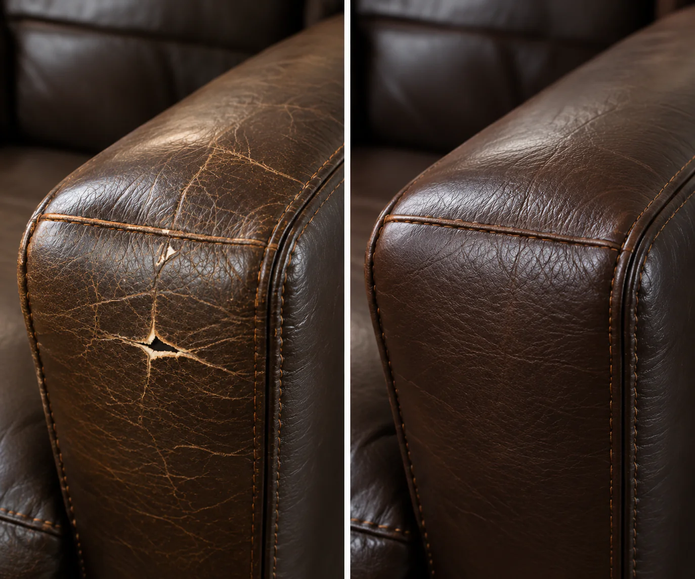 Dark brown leather arm with a star-shaped tear on the left and the rebuilt surface on the right