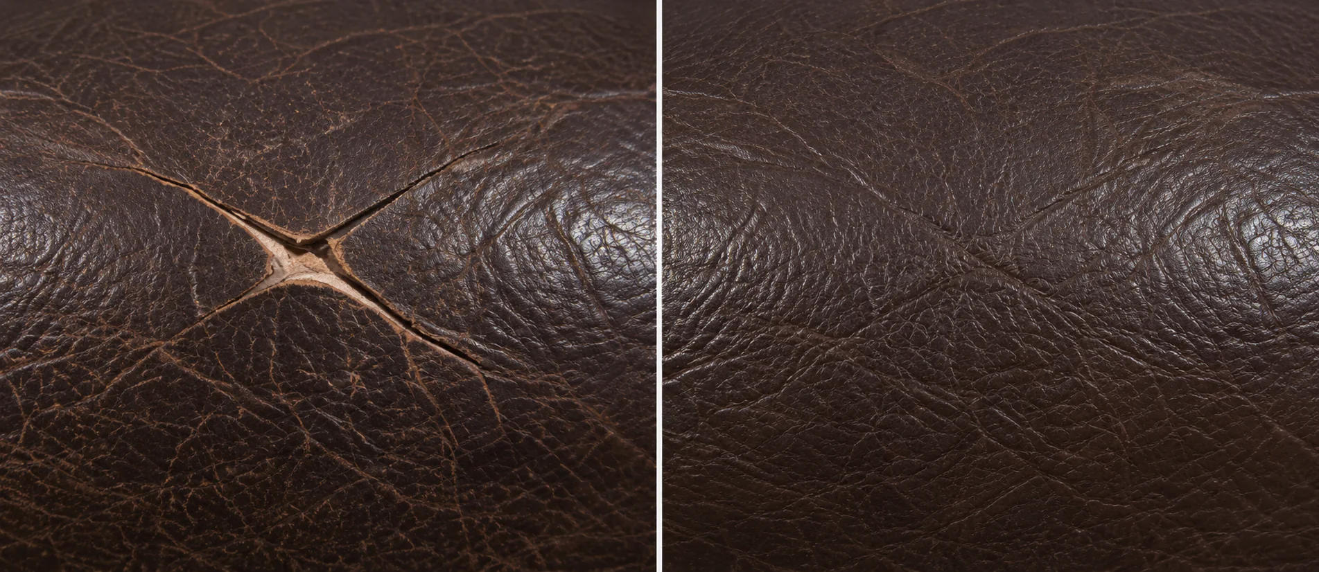 Dark brown leather seat pulled open in a cross shape on the left and closed and matched on the right