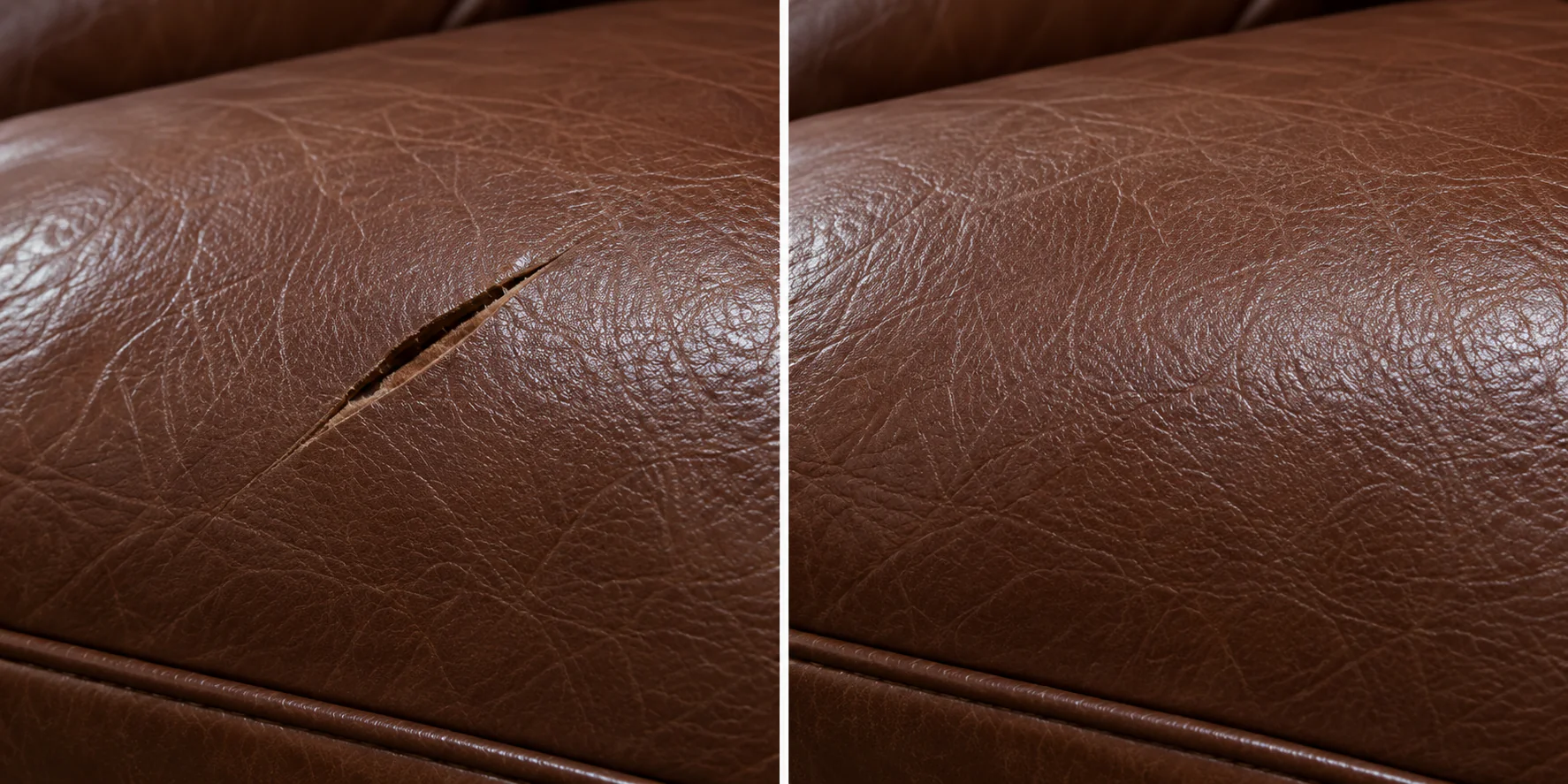 Mid-brown leather sofa seat with an open slit on the left and the same panel repaired on the right