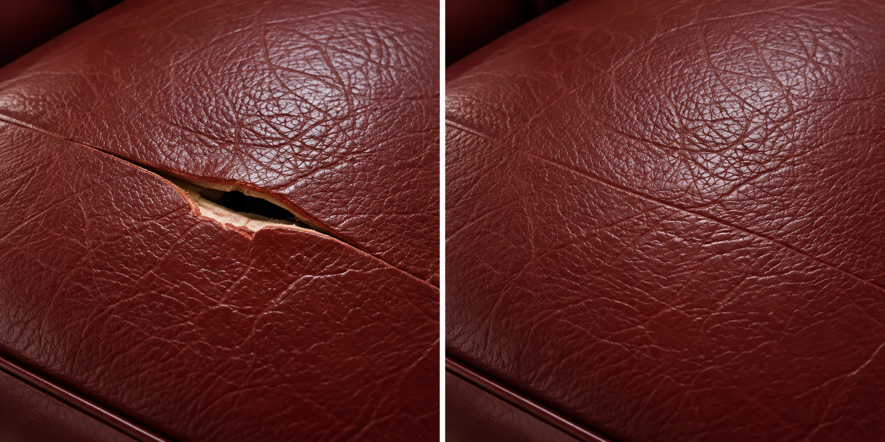 Oxblood leather seat with an open hole on the left and the same cushion closed and even on the right