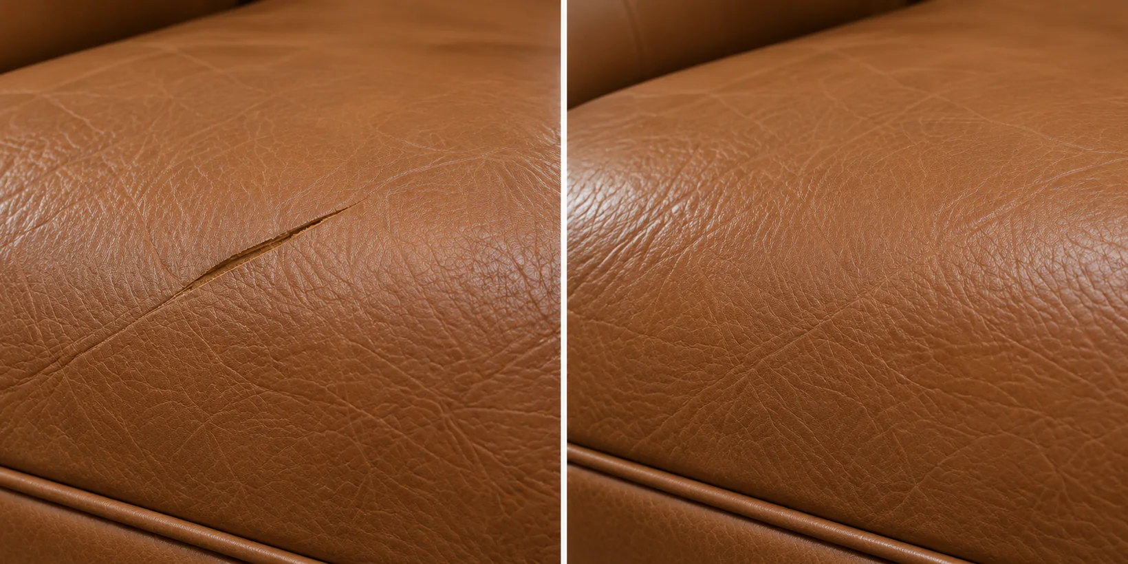 Tan leather seat roll with a short opening on the left and the matched repair on the right
