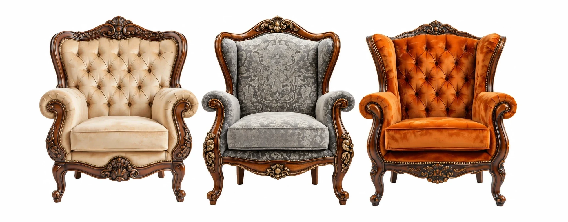Three restored antique leather armchairs in cream, grey and tan side by side