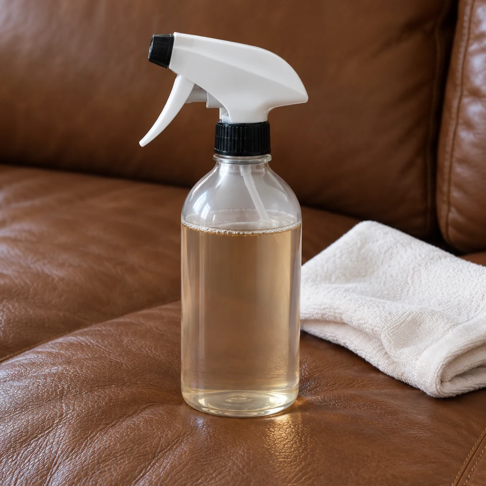 A spray bottle of cleaning solution standing on a brown leather sofa next to a folded white towel