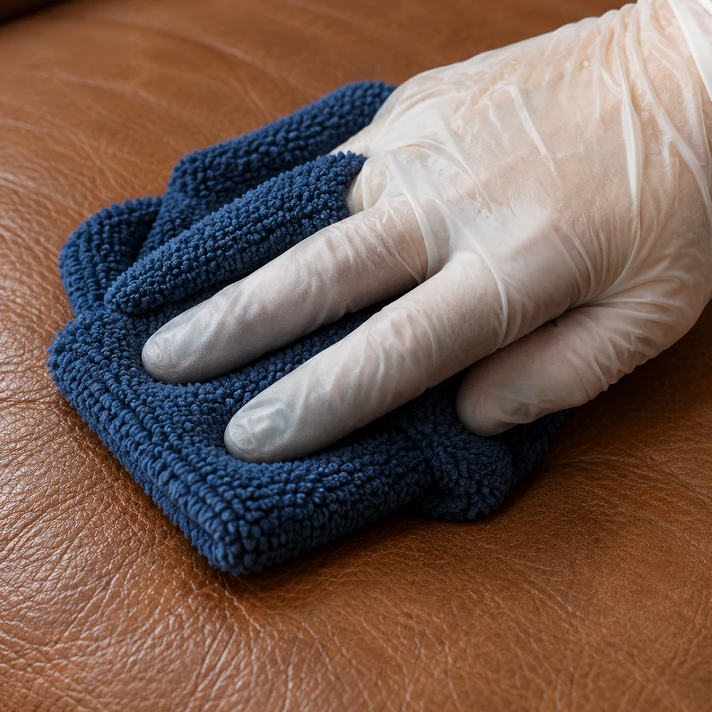 A gloved hand pressing a blue microfibre cloth down onto a tan leather seat