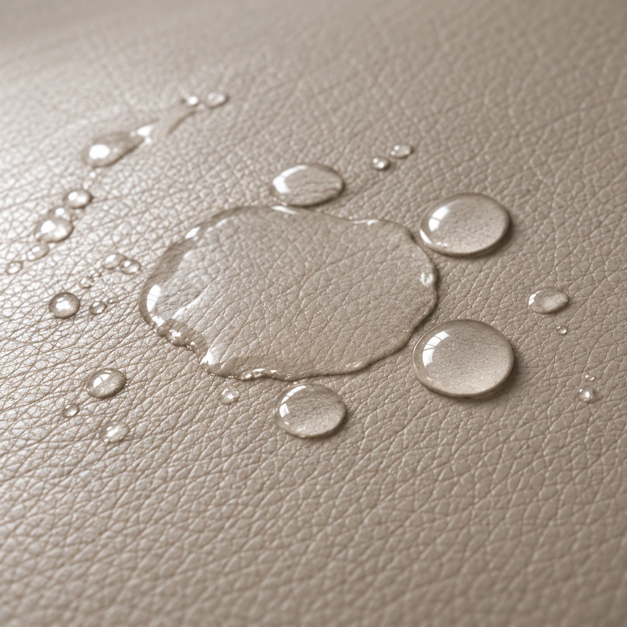 Water standing in beads on a cream leather seat