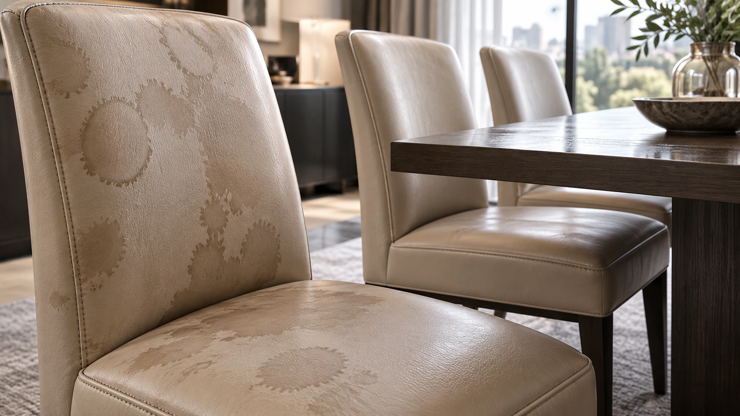 Leather water damage repair in NYC: a cream leather dining chair marked with overlapping dried water rings across the back and the seat, at a dark timber dining table