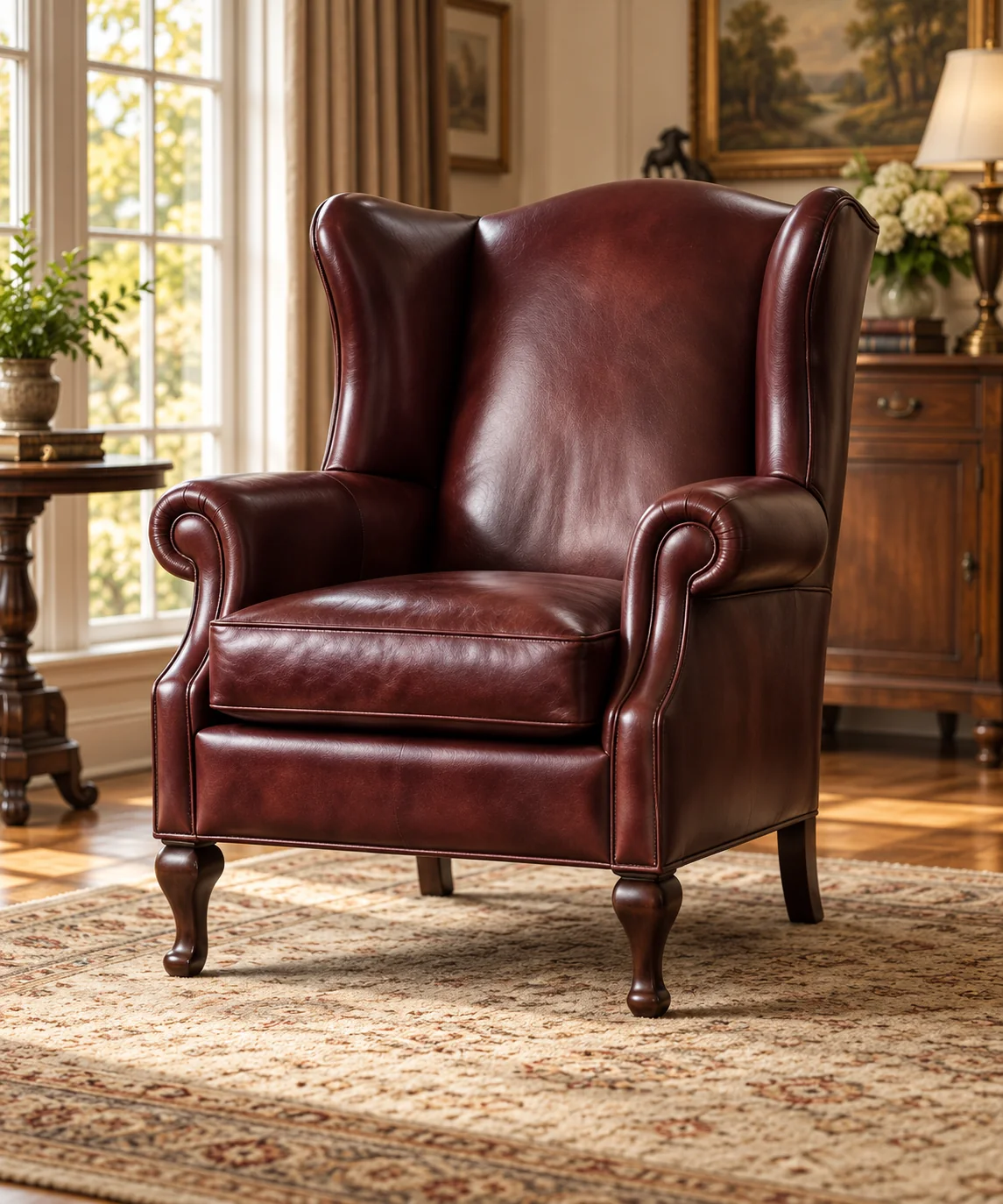 Burgundy leather wingback chair with scrolled wings and turned front legs