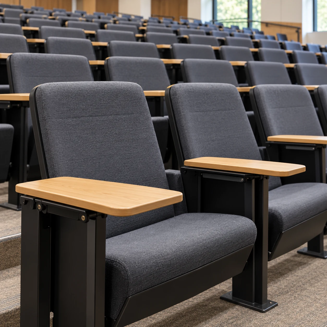 Charcoal lecture hall seats with folding wood tablet arms