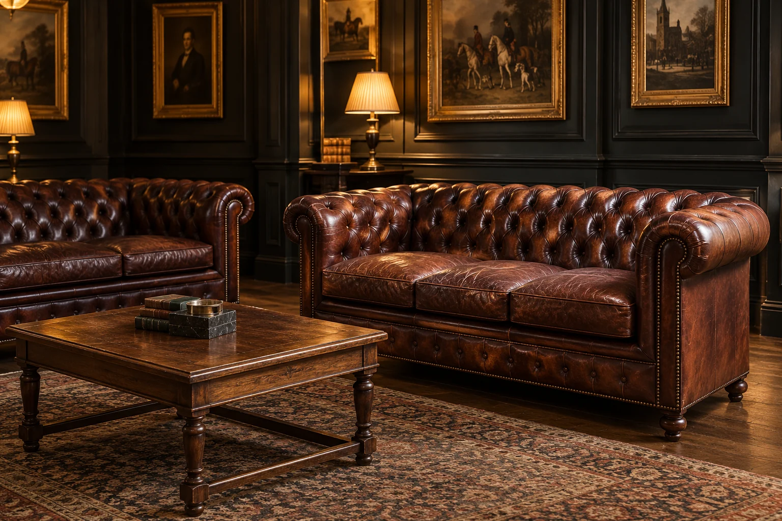 Chesterfield sofa and low table in a panelled library
