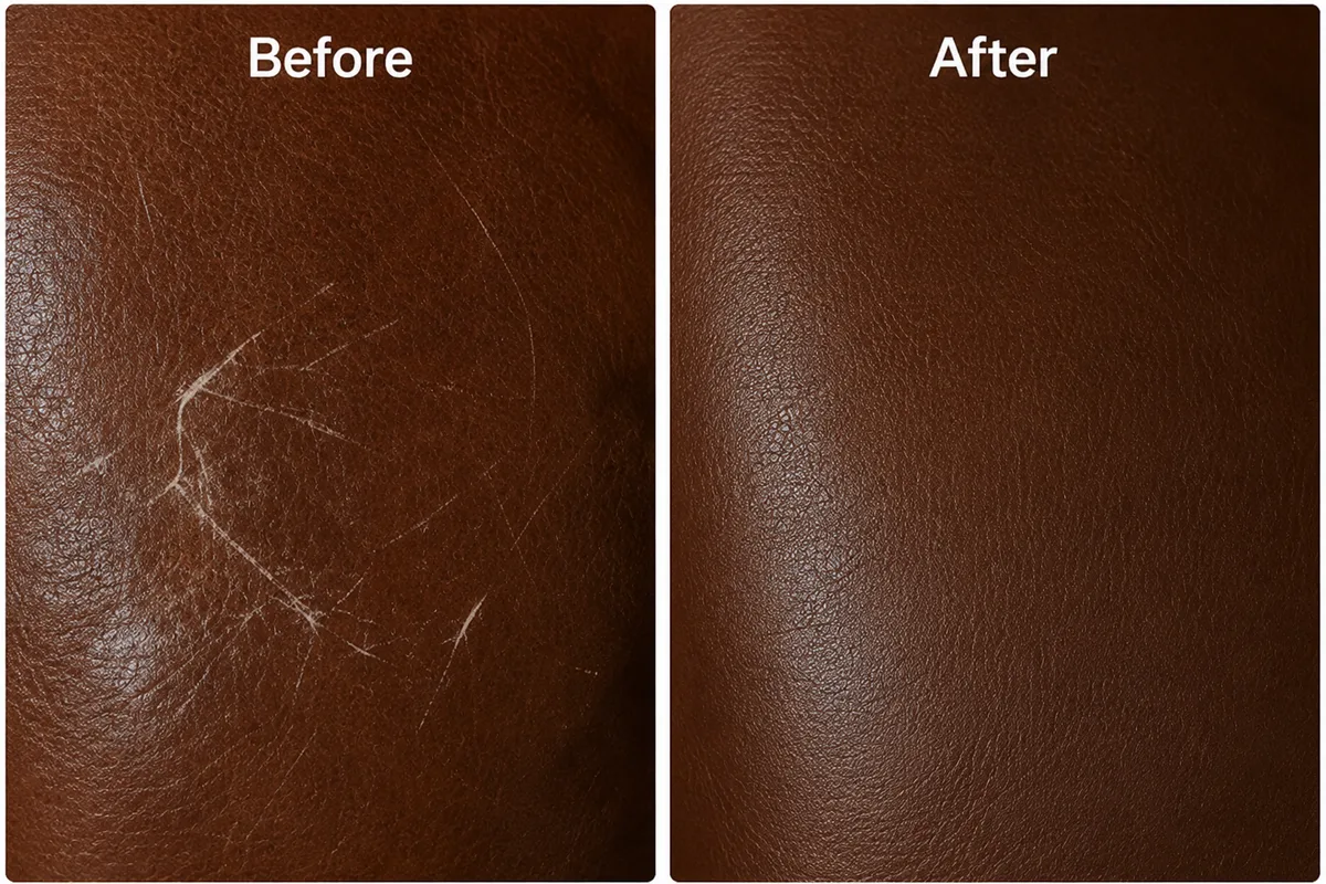 Close-up of brown leather before and after light surface scratch repair, the fine white scratch lines levelled away