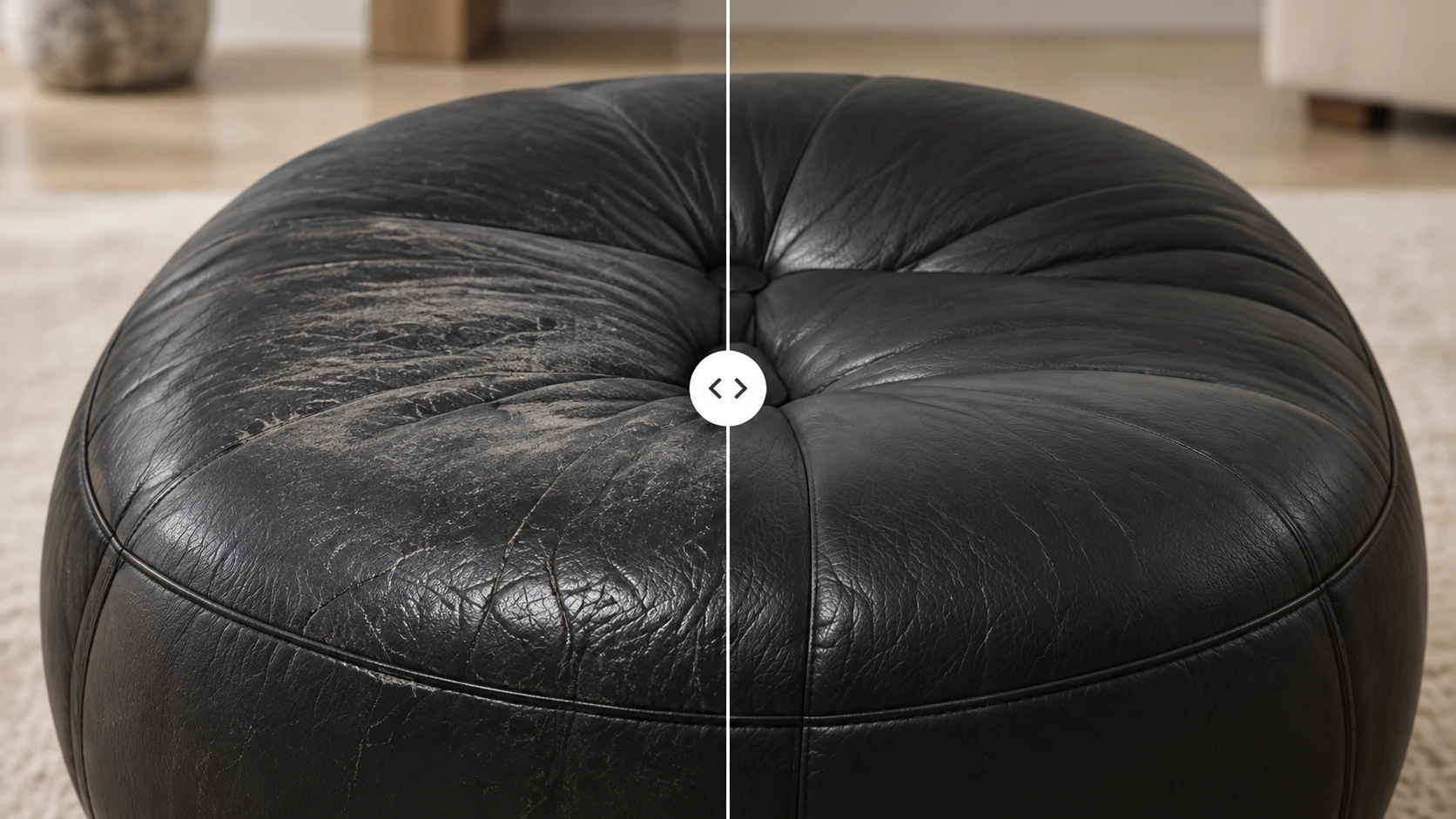 Black leather ottoman before and after repair