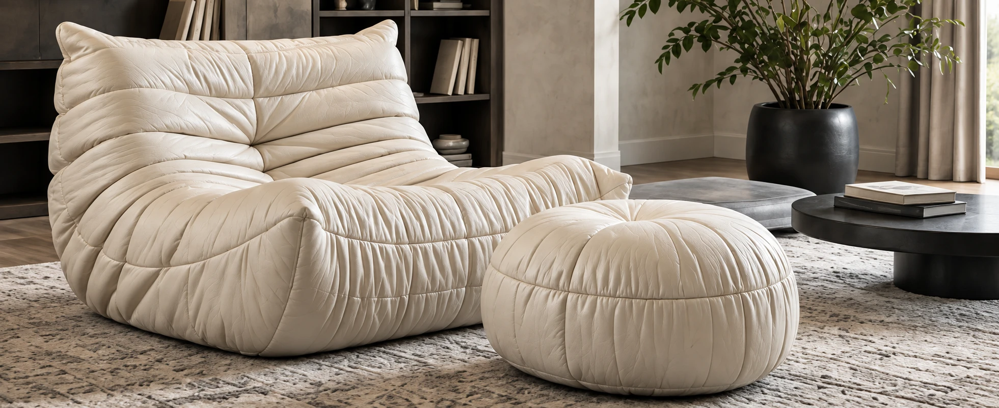 Restored cream Togo chair and ottoman in a New York living room